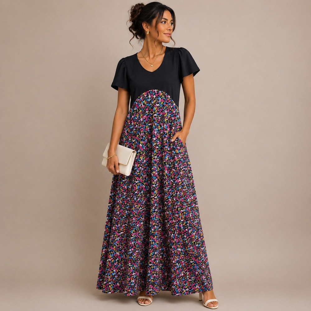 Vintage 70s Floral Maxi Dress Black Pink Blue Mixed Print Empire Waist Boho S M